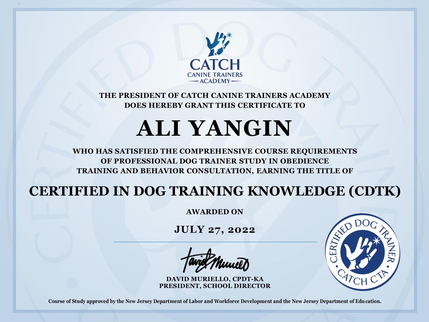 Ali's CATCH Academy dog training credential
